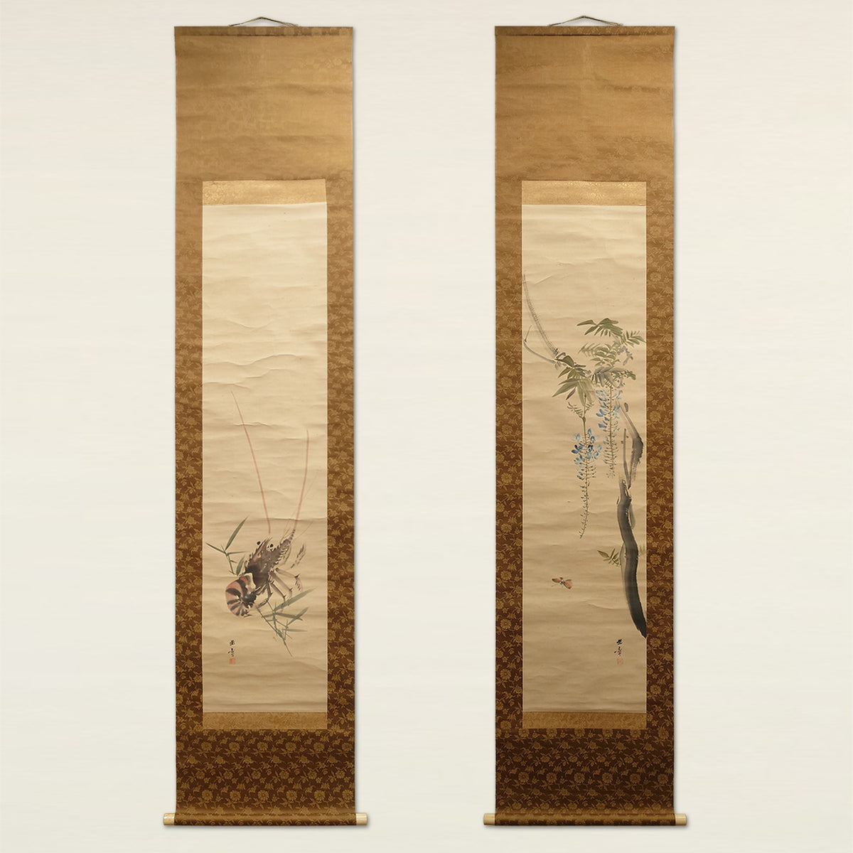 藤花弁海老（対幅） / Wisteria and Spiny Lobster (Pair of Scrolls)