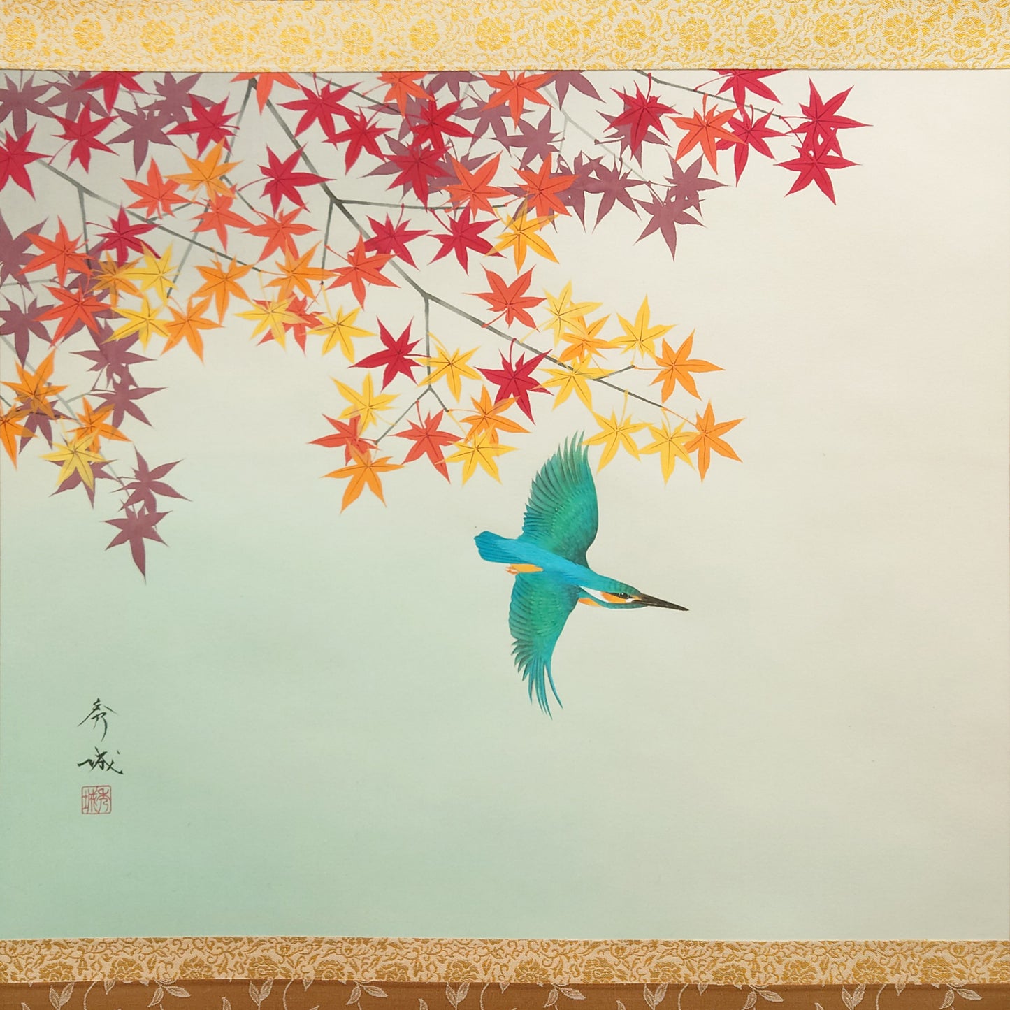 紅葉に川蝉　Red maple and a Kingfisher