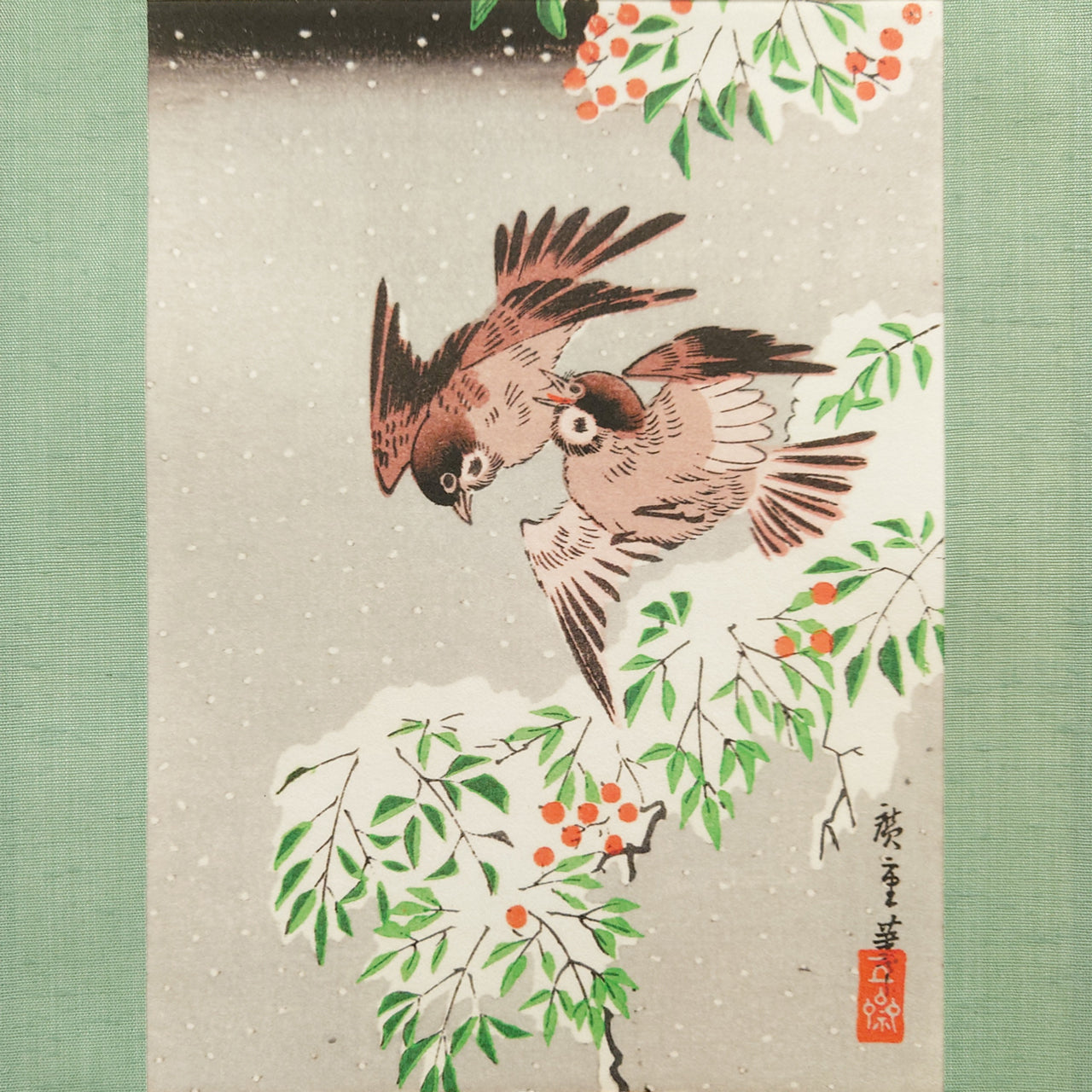 雪中南天に雀 / Sparrows on Nandina in Snow