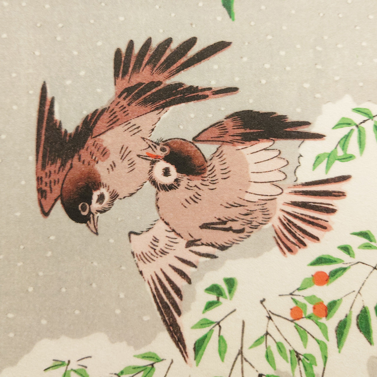 雪中南天に雀 / Sparrows on Nandina in Snow