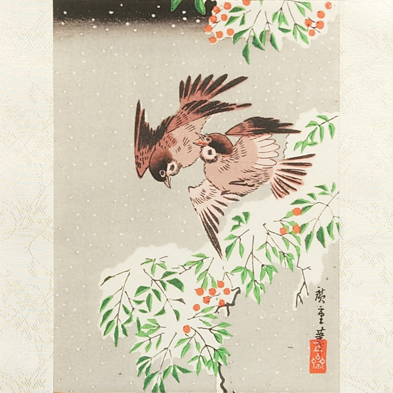 雪中南天に雀 / Sparrows on Nandina in Snow